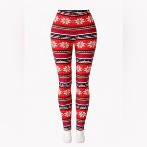 Festive Red Patterned Leggings Fair-Isle Colorful Nordic Print Kidcore Vivid Y2K